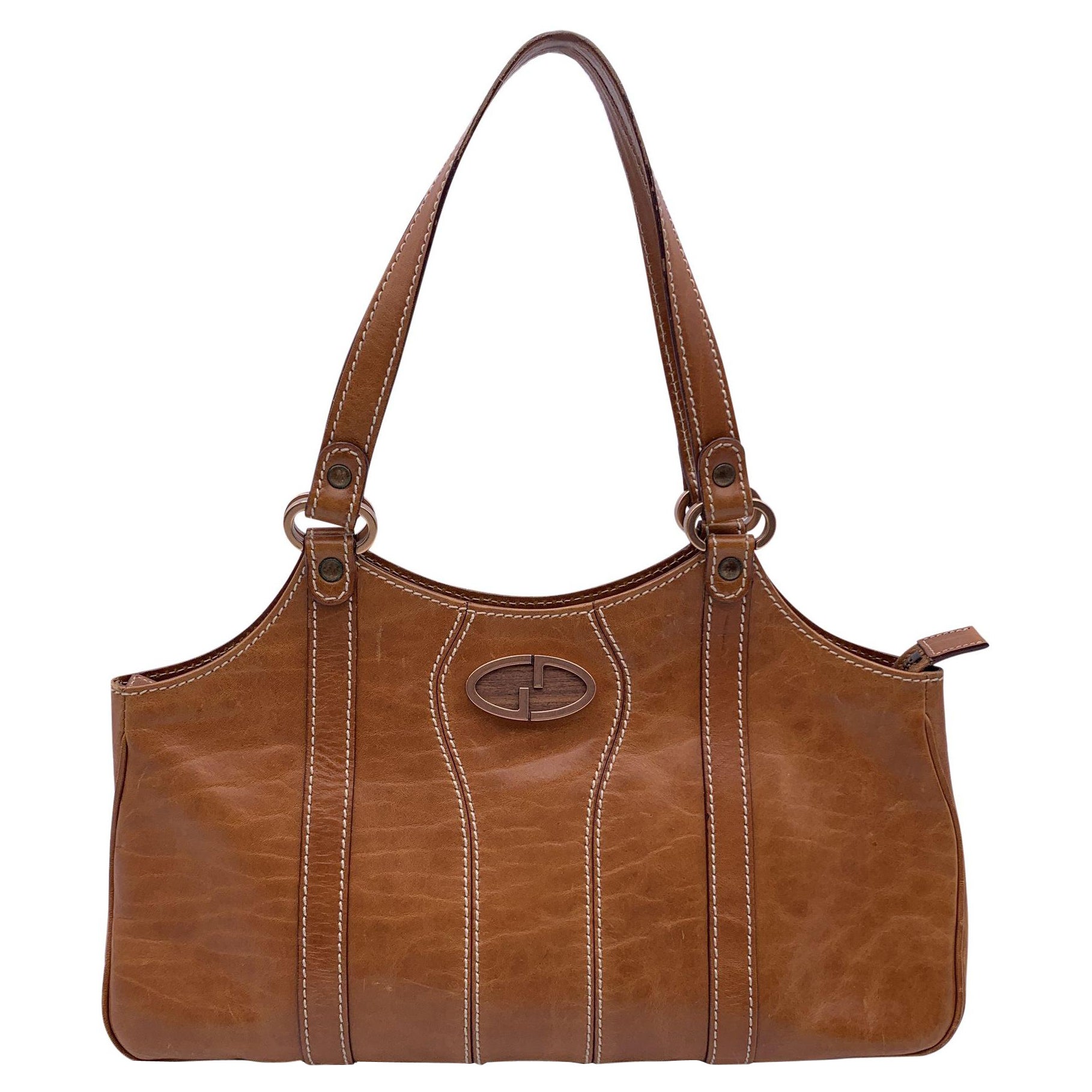 Gucci Beige Leather Wood GG Logo Hobo Bag Shoulder Bag Tote