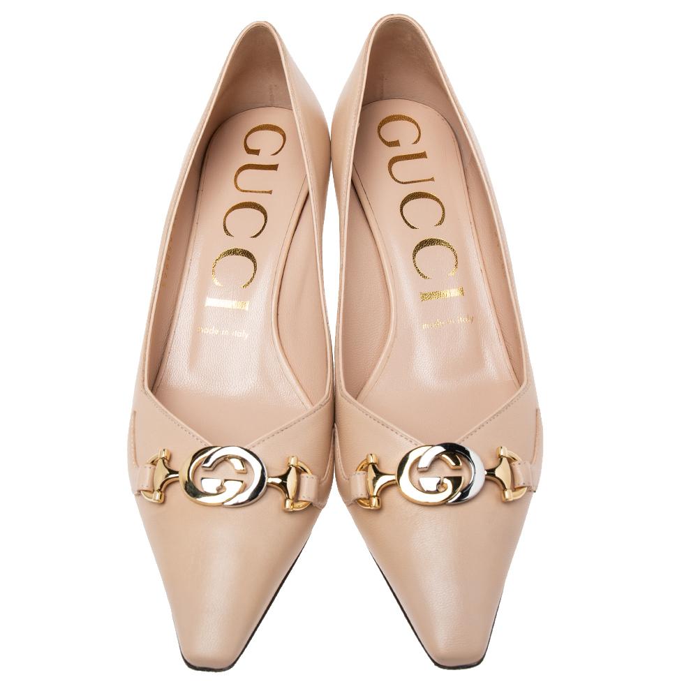 Women's Gucci Beige Leather Zumi Mid Heel Pumps Size 38.5
