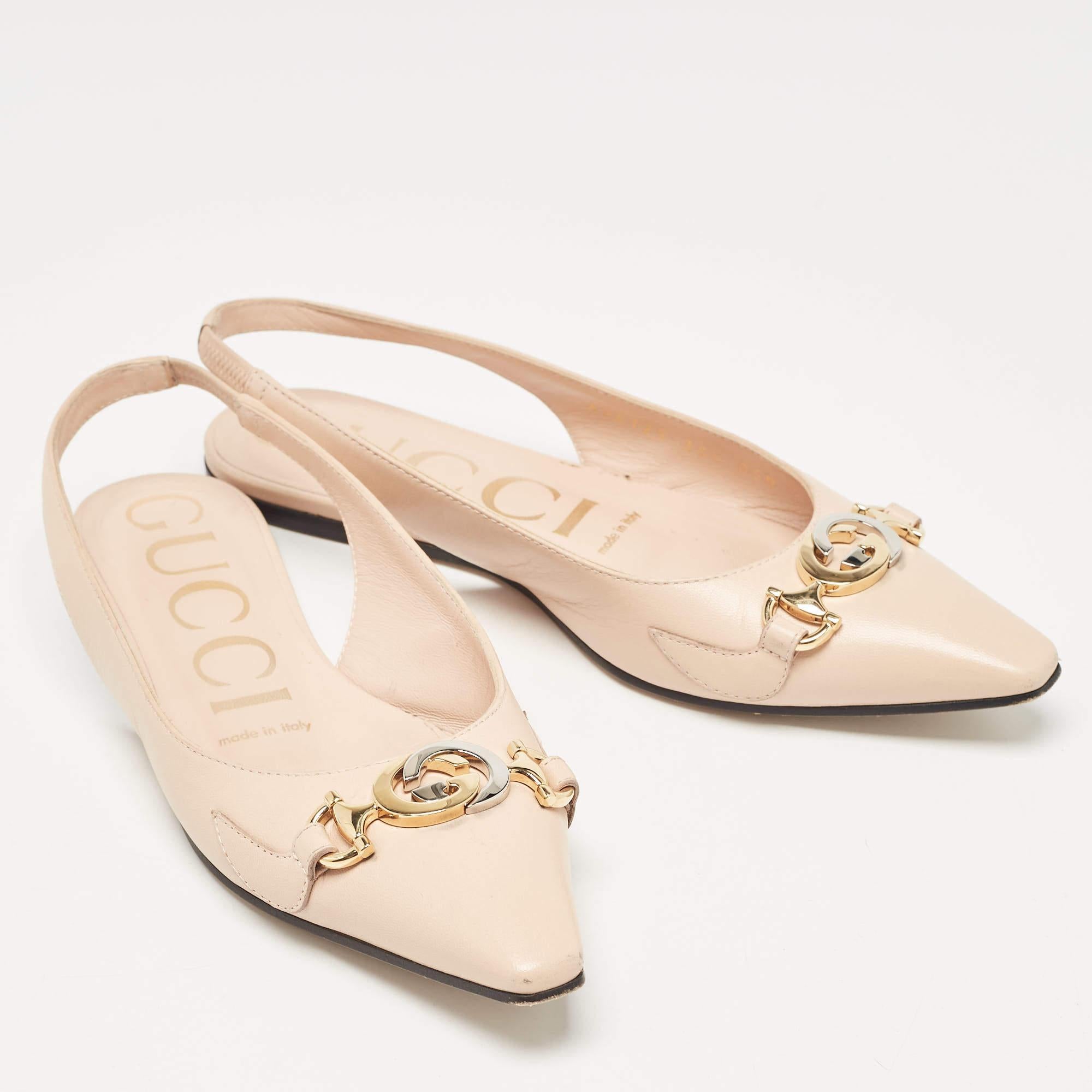 Women's Gucci Beige Leather Zumi Slingback Flat Sandals Size 35.5