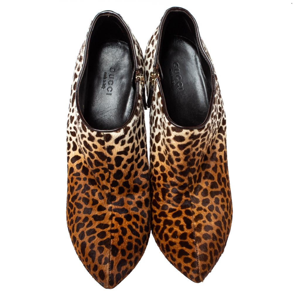Gucci's pieces always have such a sculptural feel - the striking pointed toe of these booties recalls the brand's opulent aesthetic. Made in Italy from soft leopard-print calf hair and leather, they have slender heels. Wear yours with everything