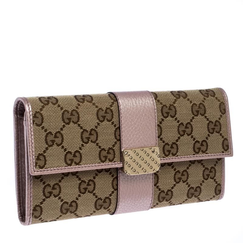 Brown Gucci Beige/Light Pink GG Canvas and Leather Flap Continental Wallet