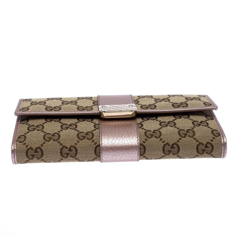 Gucci Beige/Light Pink GG Canvas and Leather Flap Continental Wallet In Excellent Condition In Dubai, Al Qouz 2