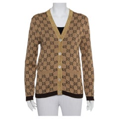 Gucci Beige Logo Monogram Wool Metallic Trim Detail Button Front Cardigan S