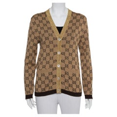 Gucci Beige Logo Monogram Wool Metallic Trim Detail Button Front Cardigan S