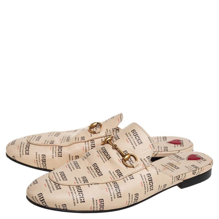 Gucci Beige Logo Stamp Leather Princetown Horsebit Mules Size 40 at 1stDibs
