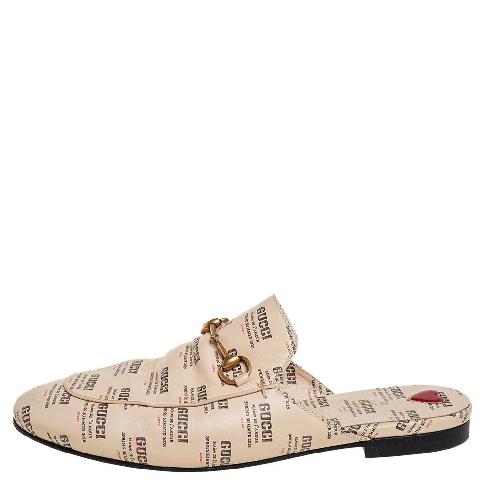 Gucci Beige Logo Stamp Leather Princetown Horsebit Mules Size 40