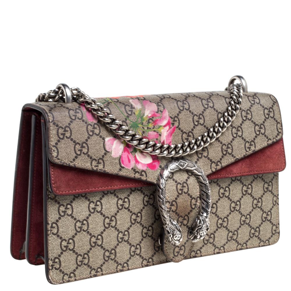 Gray Gucci Beige/Maroon GG Supreme Blooms Canvas Small Dionysus Shoulder Bag