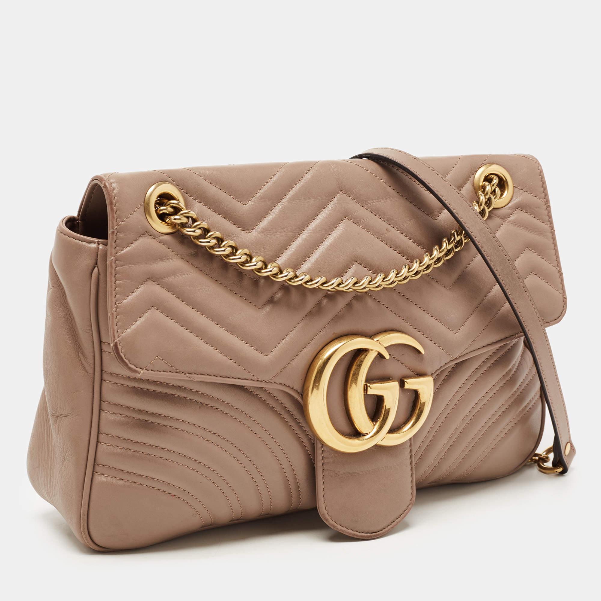 Women's Gucci Beige Matelassé Leather Medium GG Marmont Shoulder Bag