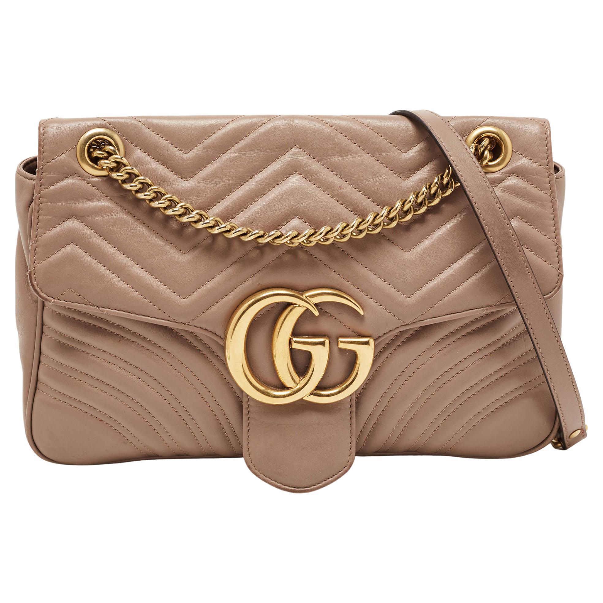 Gucci Beige Matelassé Leather Medium GG Marmont Shoulder Bag