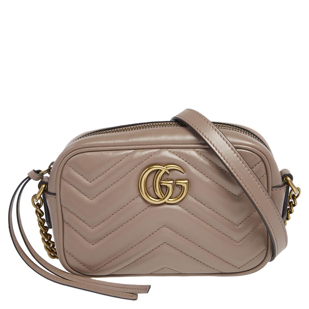 Gucci Beige Matelasse Leather Mini GG Marmont Crossbody Bag In Good Condition In Dubai, Al Qouz 2