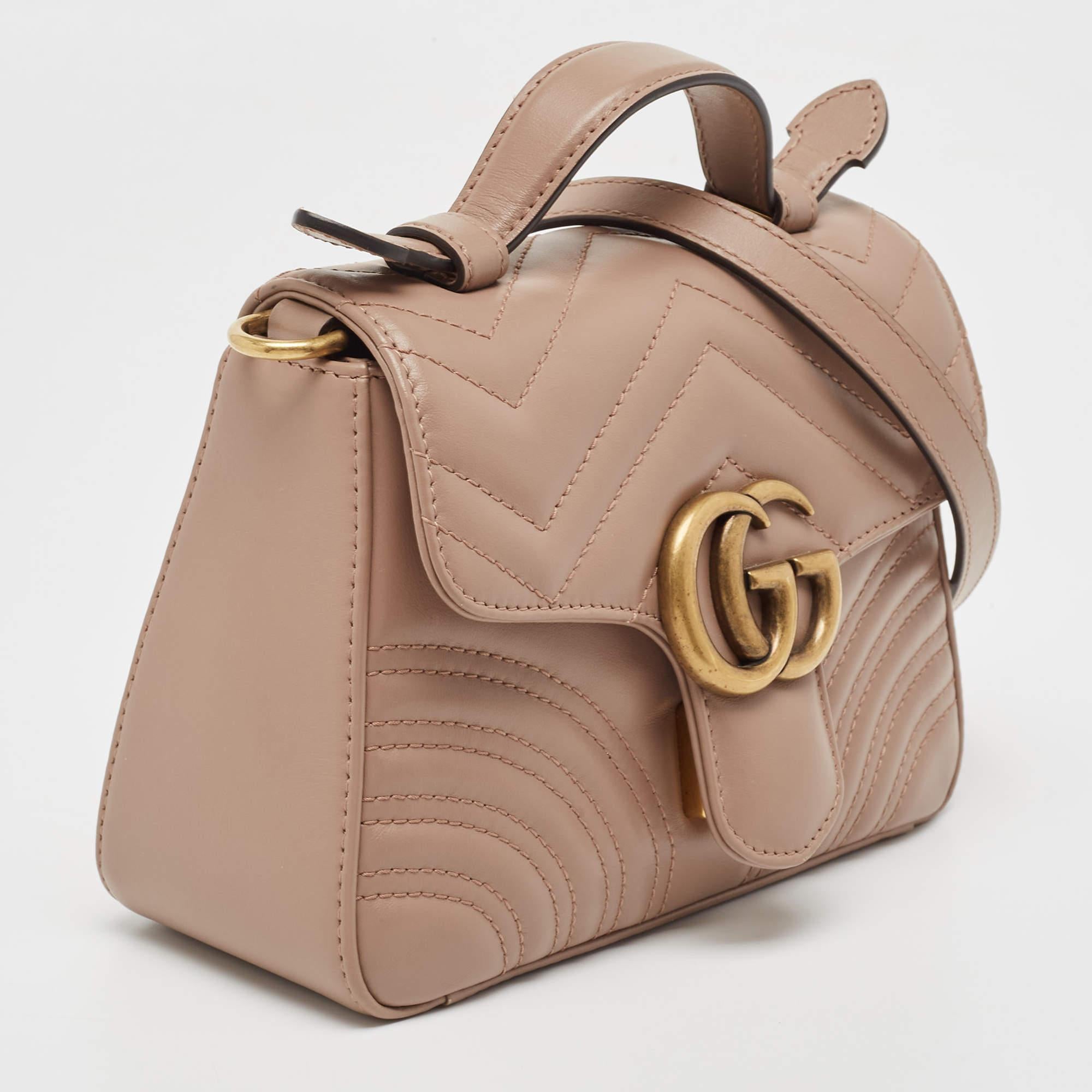 Gucci Beige Matelasse Leather Mini GG Marmont Top Handle Bag In Excellent Condition In Dubai, Al Qouz 2