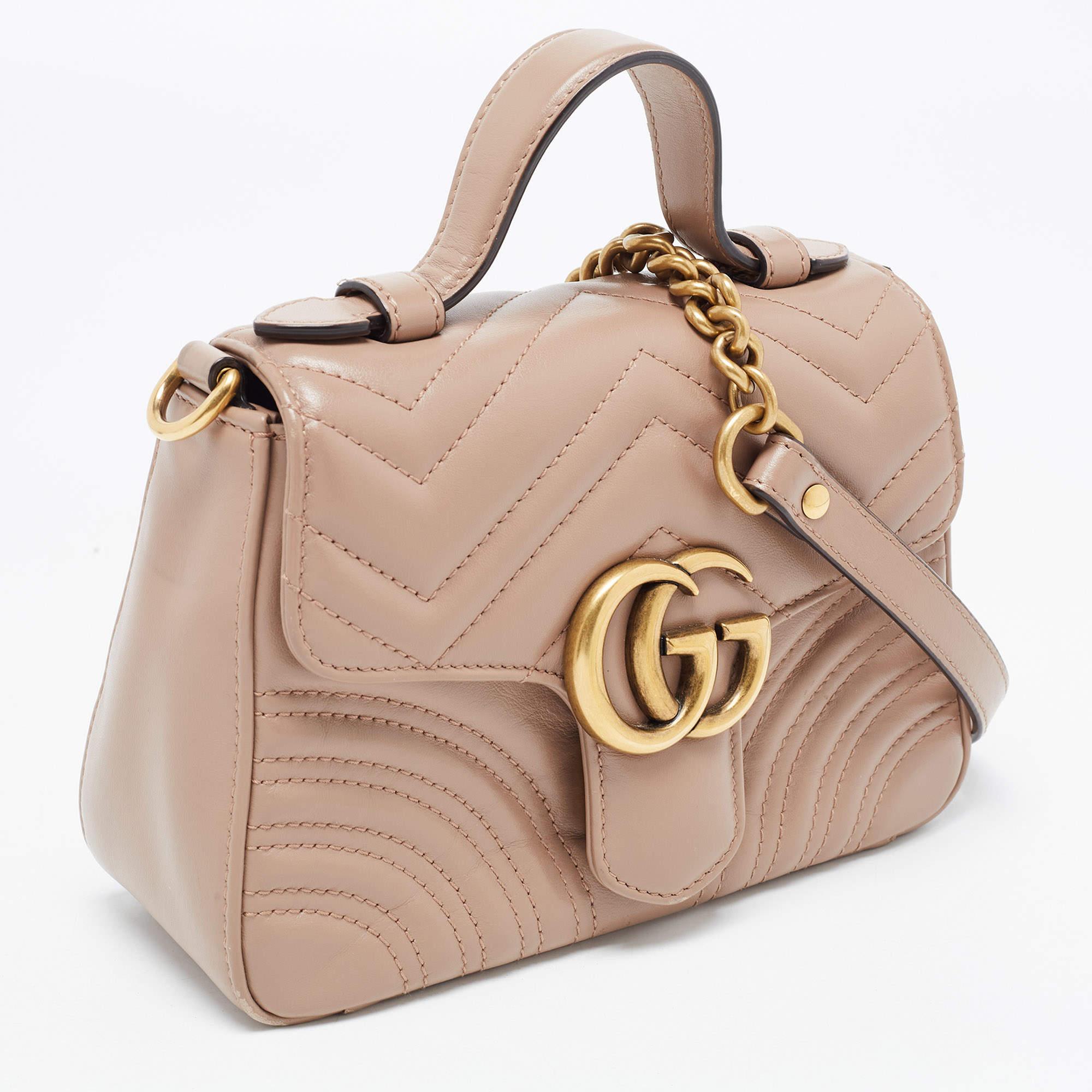 Women's Gucci Beige Matelassé Leather Mini GG Marmont Top Handle Bag