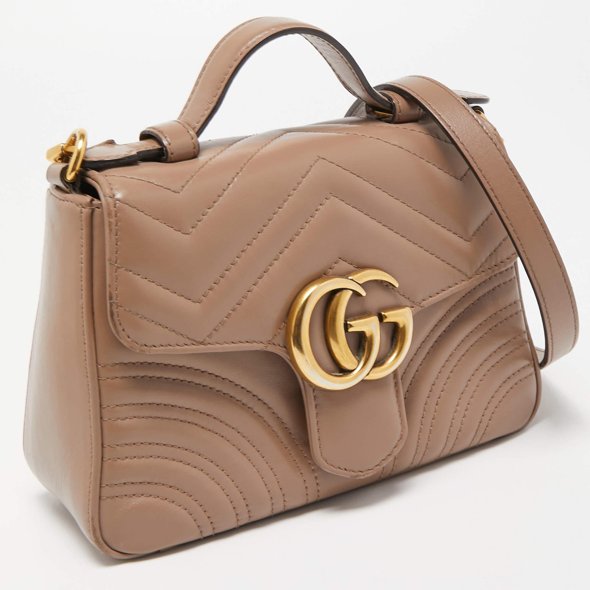 Women's Gucci Beige Matelasse Leather Mini GG Marmont Top Handle Bag