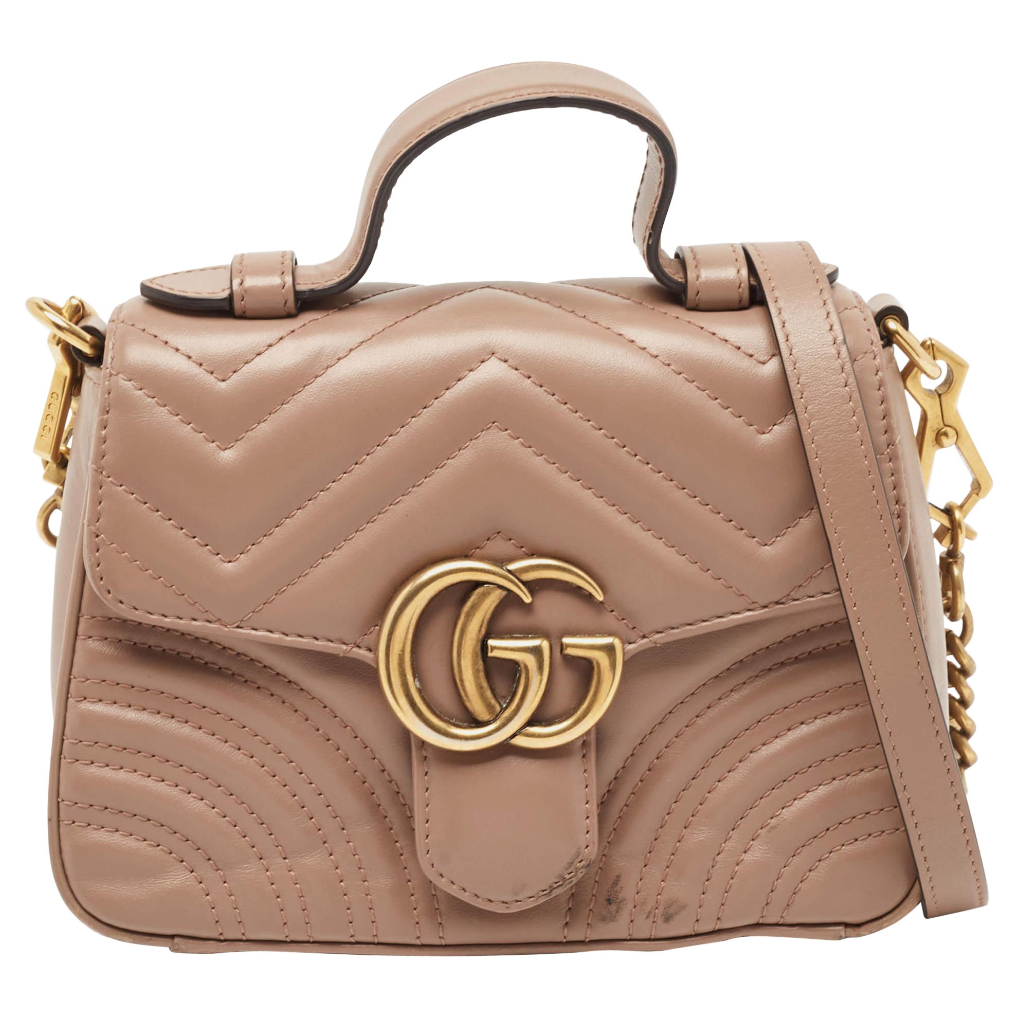 Gucci Beige Matelasse Leather Mini GG Marmont Top Handle Bag