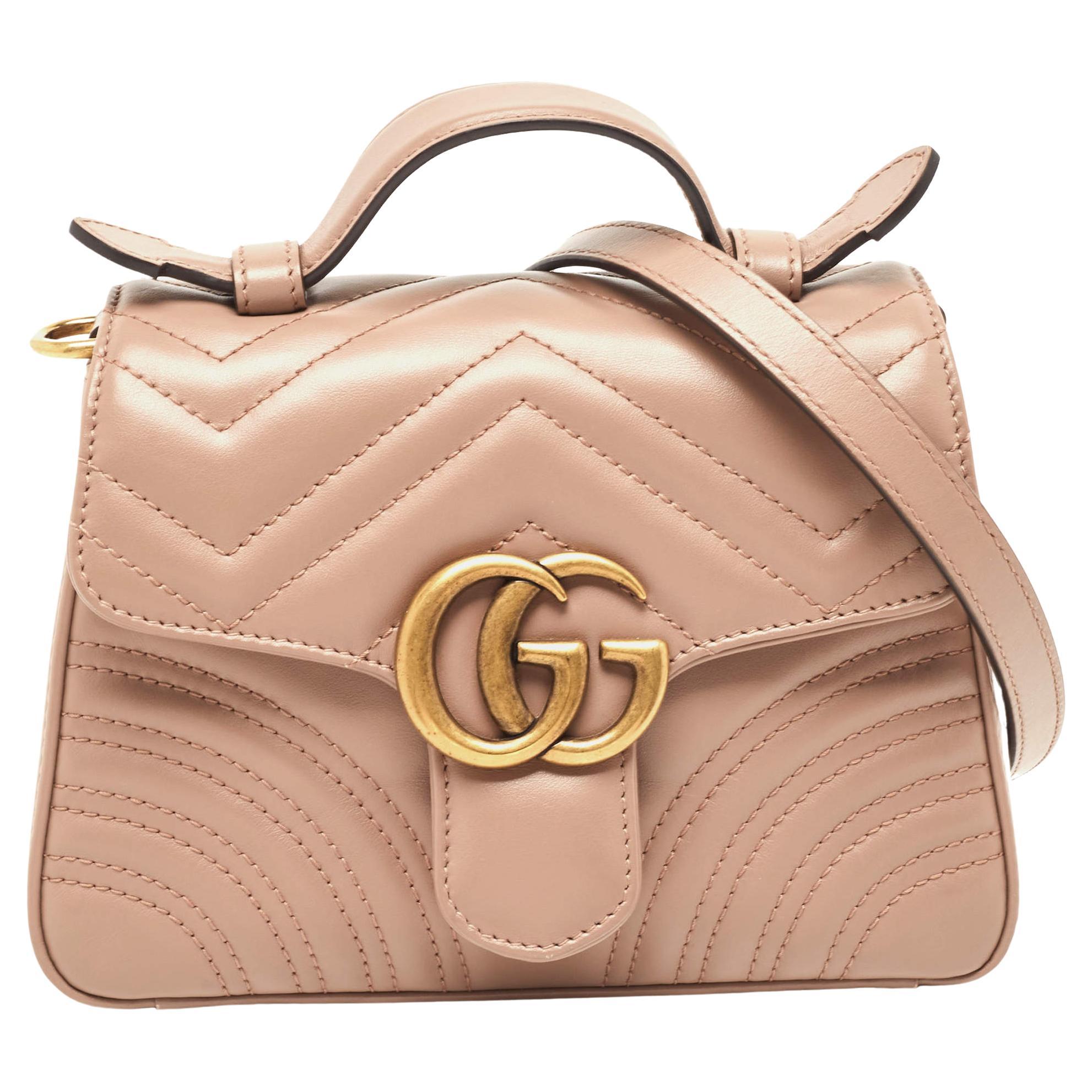 Gucci Beige Matelasse Leather Mini GG Marmont Top Handle Bag