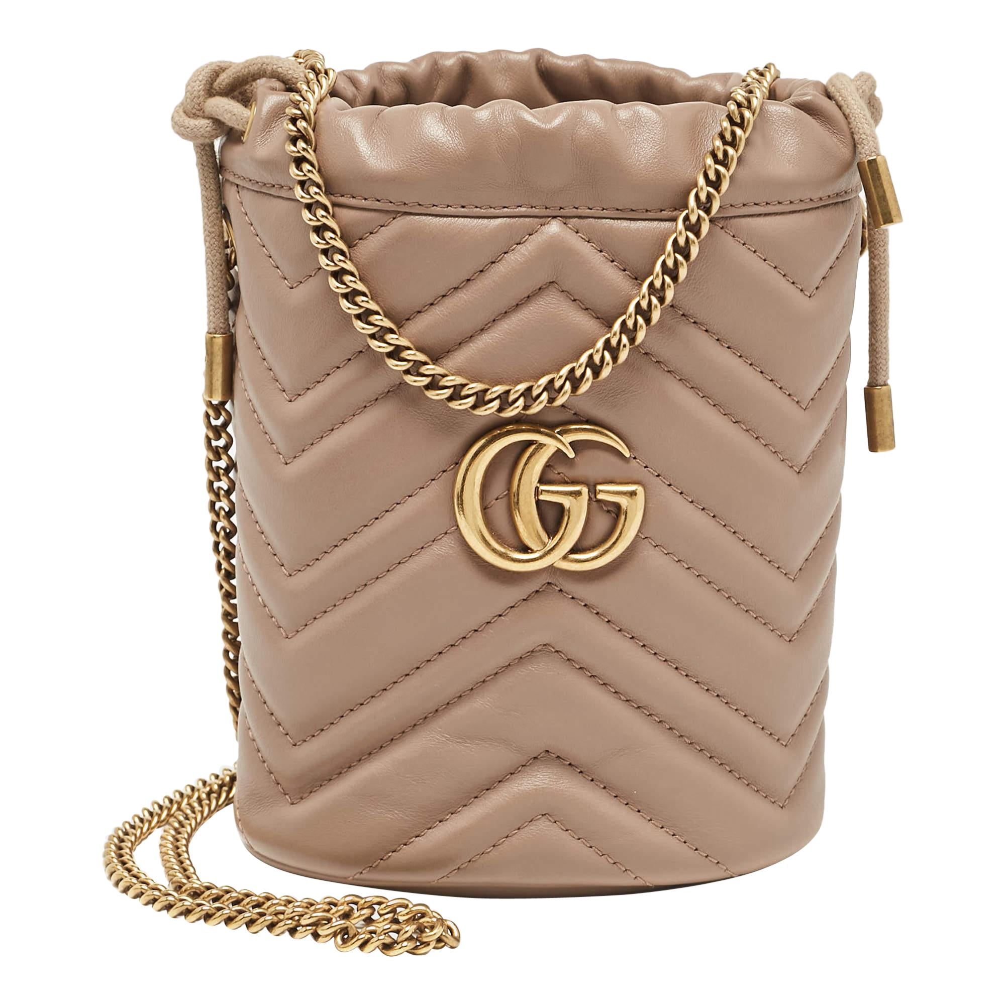 Gucci Beige Matelassé Leather Mini GG Marmont Torchon Bucket Bag