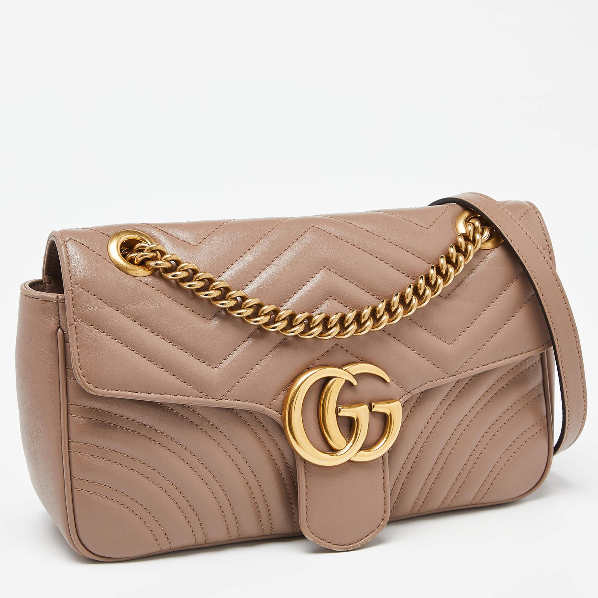 Women's Gucci Beige Matelassé Leather Small GG Marmont Shoulder Bag