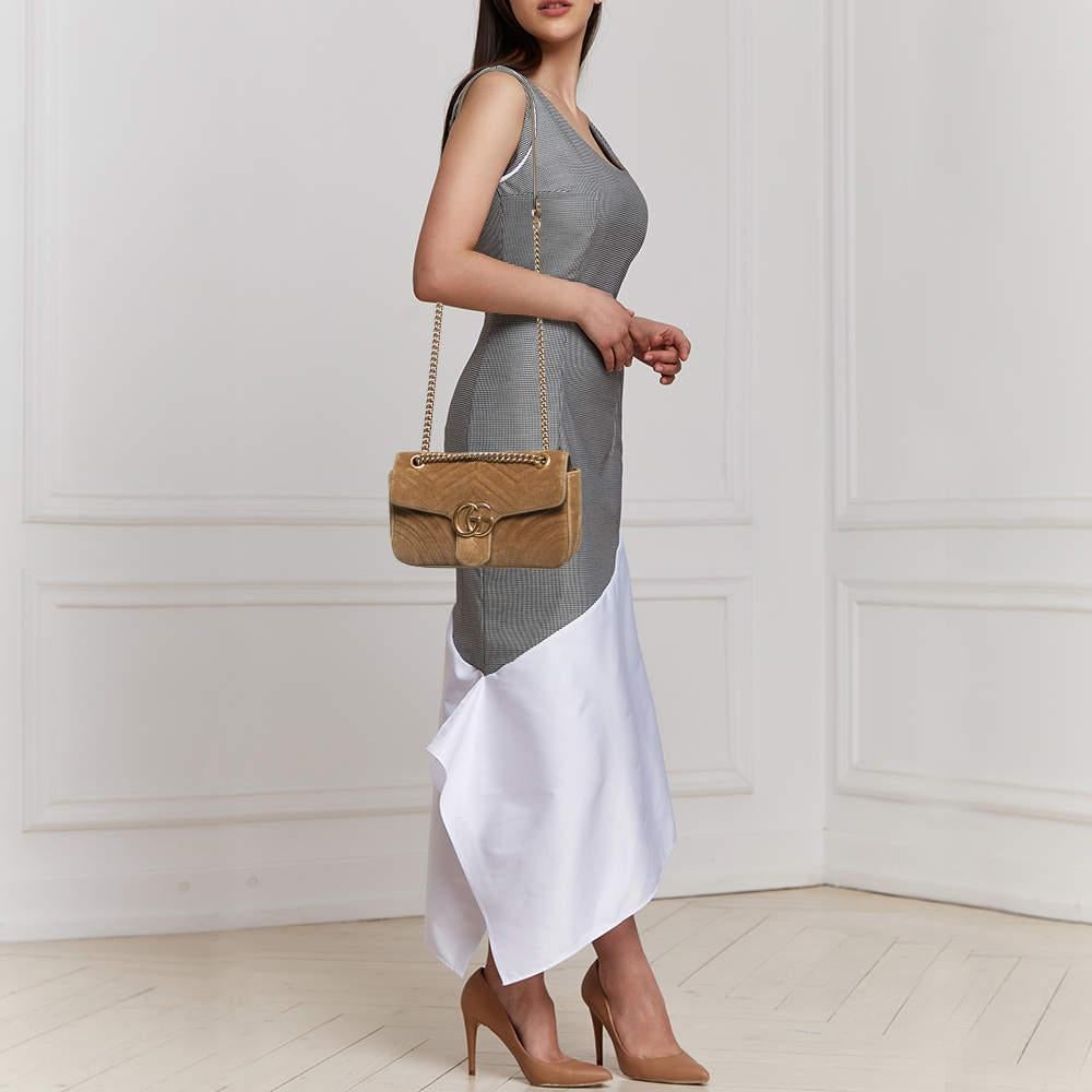 Gucci Beige Matelassé Velvet Small GG Marmont Shoulder Bag In Fair Condition In Dubai, Al Qouz 2