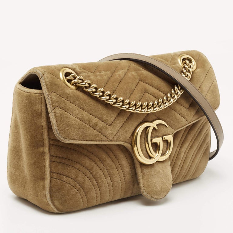 Gucci Beige Matelassé Velvet Small GG Marmont Shoulder Bag For
