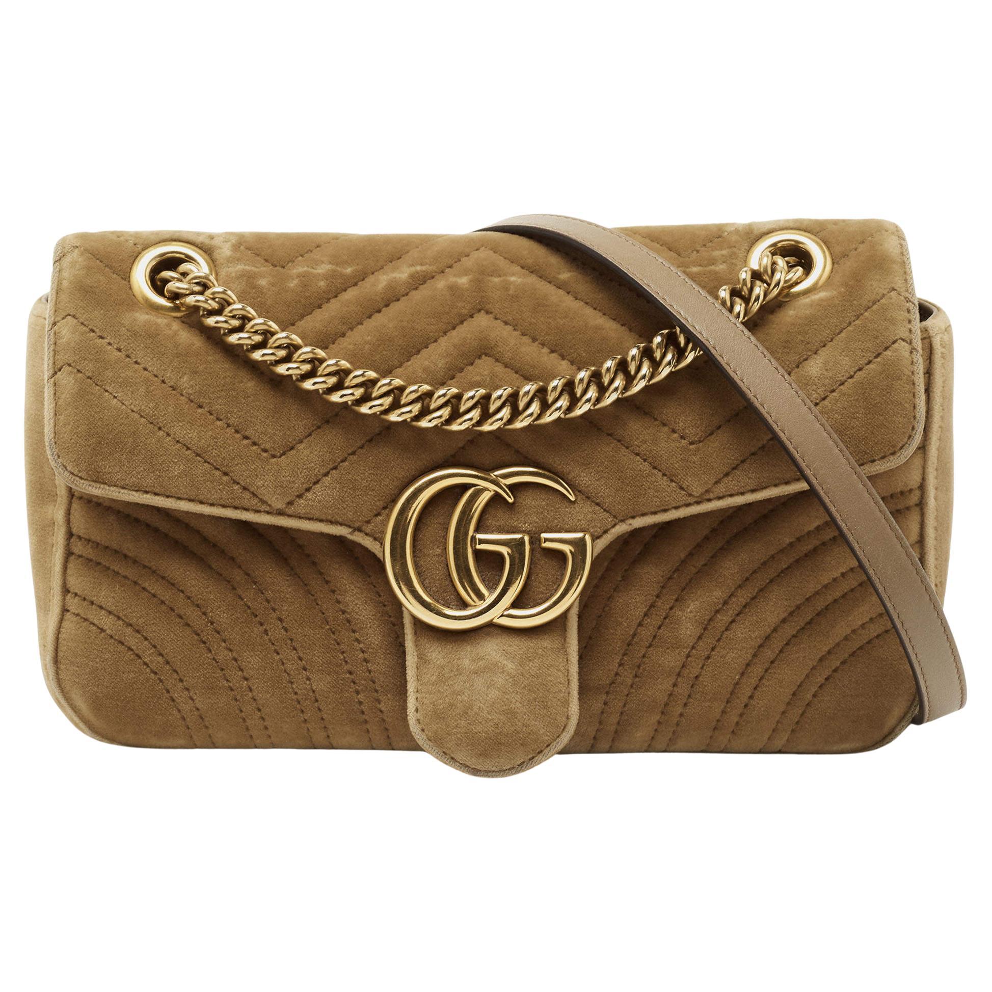 Gucci Beige Matelassé Velvet Small GG Marmont Shoulder Bag For Sale at  1stDibs