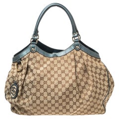 Gucci Beige/Metallic Blue GG Canvas and Leather Large Sukey Tote