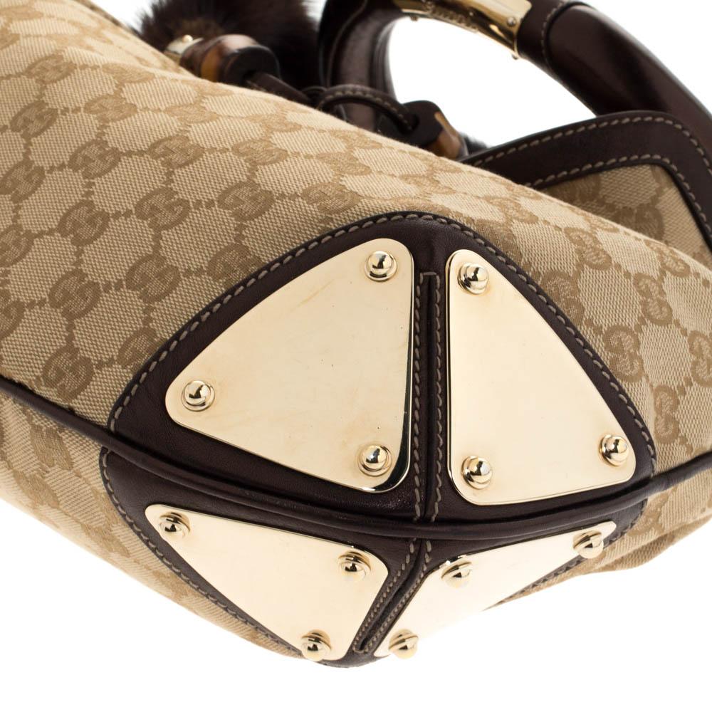 Gucci Beige/Metallic Brown GG Canvas and Leather Mink Indy Hobo 6