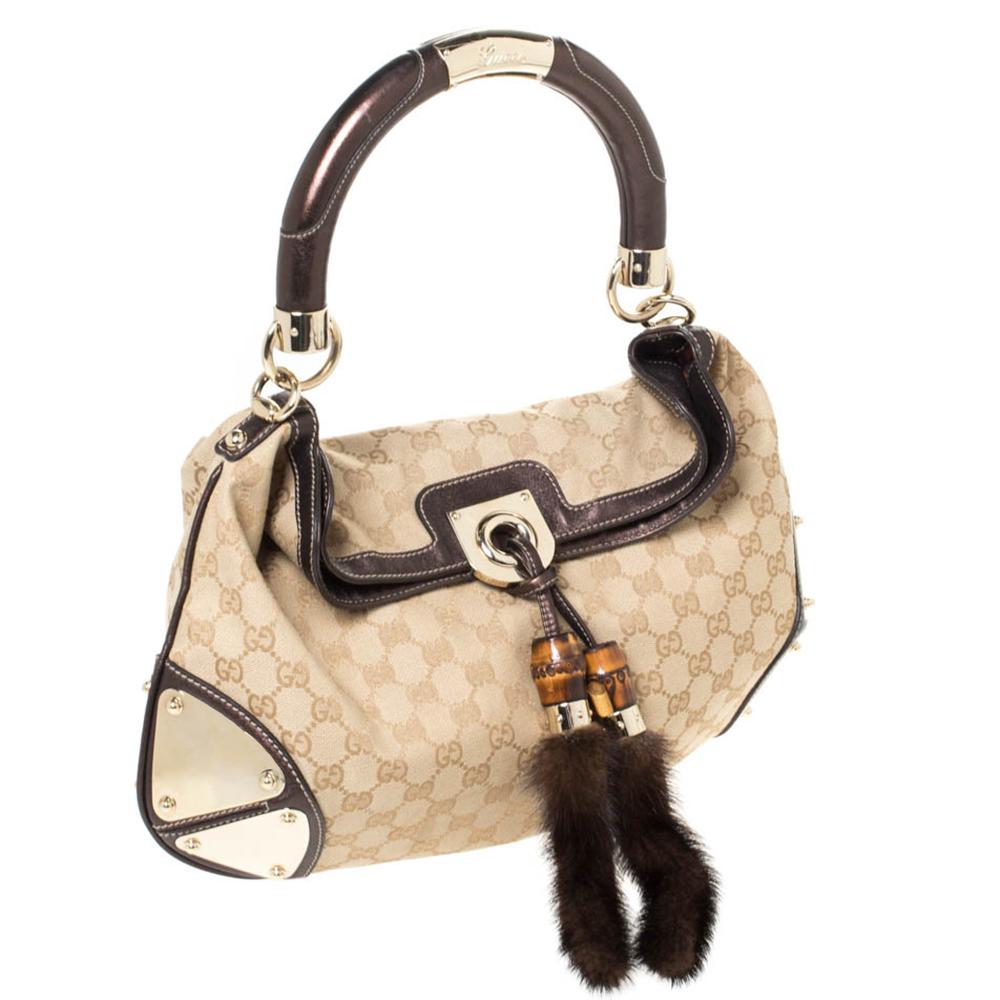 Women's Gucci Beige/Metallic Brown GG Canvas and Leather Mink Indy Hobo