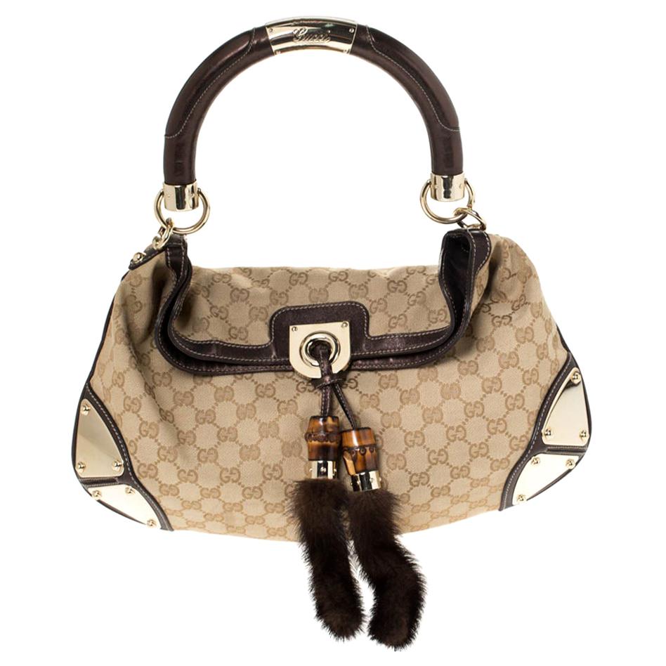 Gucci Beige/Metallic Brown GG Canvas and Leather Mink Indy Hobo