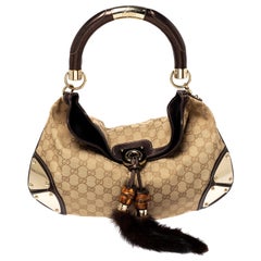 Gucci Beige/Metallic Brown GG Canvas and Leather Small Mink Indy Hobo