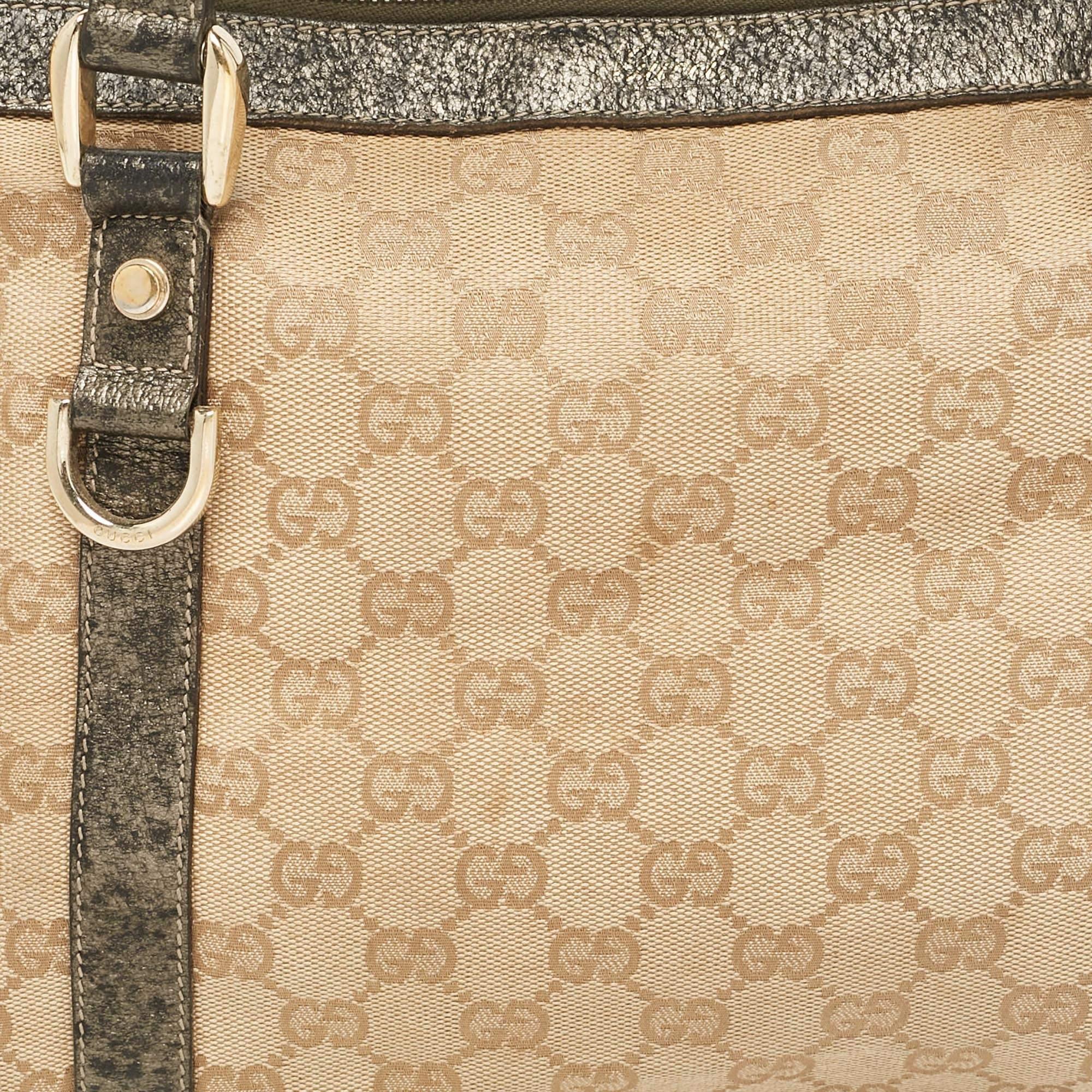 Gucci Beige/Metallic GG Canvas and Leather Abbey D-Ring Tote For Sale 2