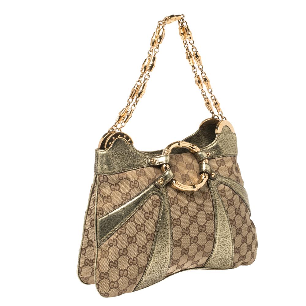Gucci Beige/Metallic GG Canvas and Leather Bamboo Chain Shoulder Bag In Good Condition In Dubai, Al Qouz 2