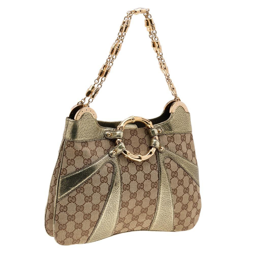 Gucci Beige/Metallic GG Canvas And Leather Bamboo Shoulder Bag 5