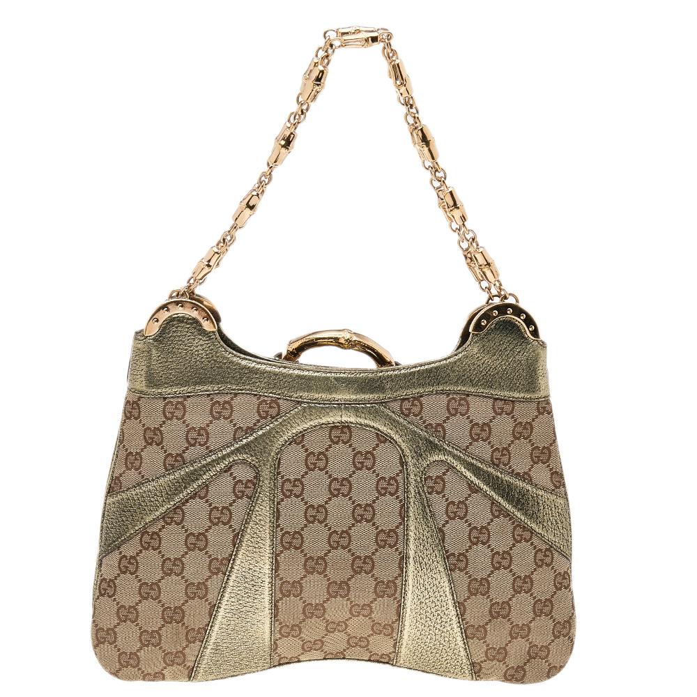 Gucci Beige/Metallic GG Canvas And Leather Bamboo Shoulder Bag 2
