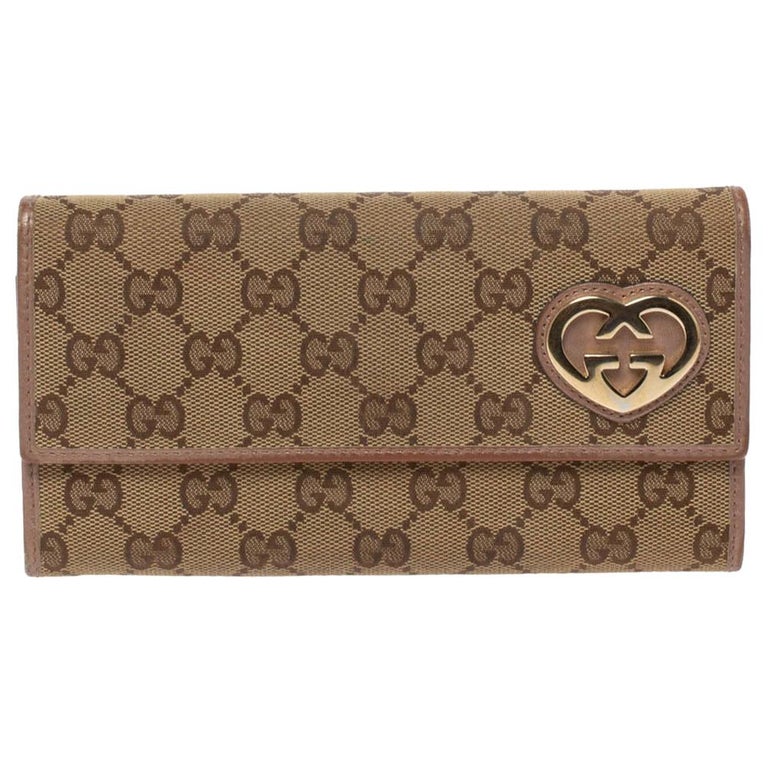 Gucci Beige/Metallic GG Canvas and Leather Lovely Heart Continental Wallet  at 1stDibs