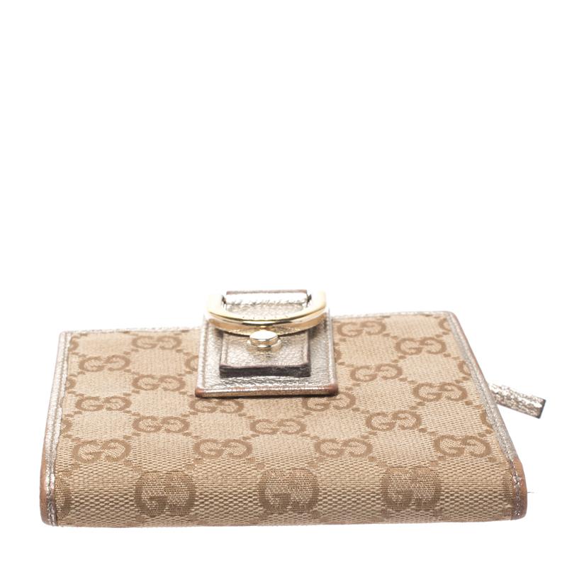 Brown Gucci Beige/Metallic Gold GG Canvas Abbey D Ring Compact Wallet For Sale