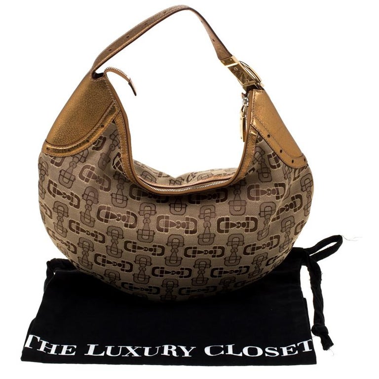 Gucci Beige/Metallic Gold Horsebit Canvas Glam Hobo For Sale at 1stDibs