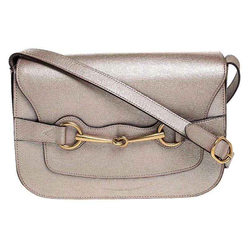 Gucci Beige Metallic Leather Bright Bit Shoulder Bag