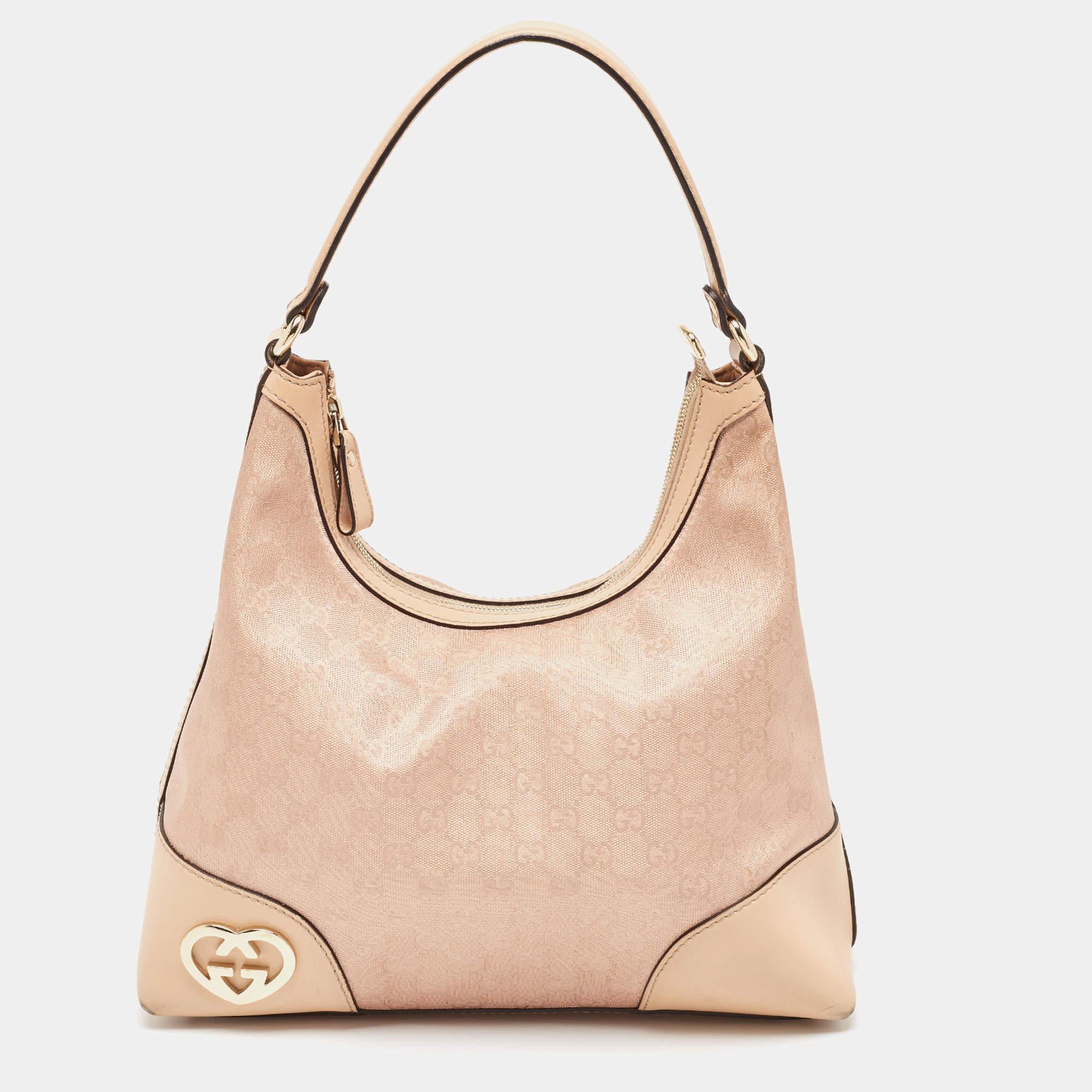 Gucci Beige/Metallic Pink GG Canvas and Leather Medium Lovely Hobo For Sale 6