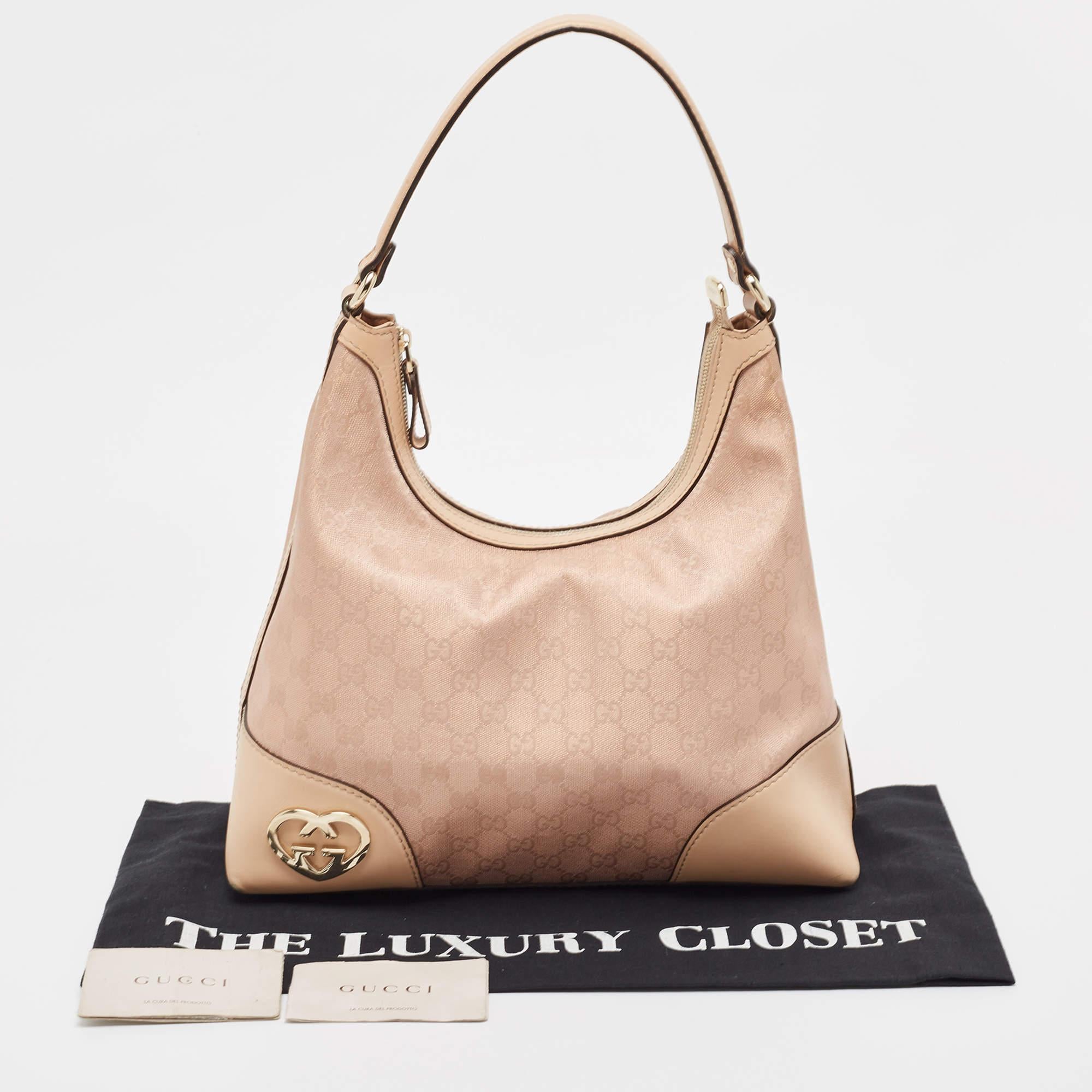 Gucci Beige/Metallic Pink GG Canvas and Leather Medium Lovely Hobo For Sale 12