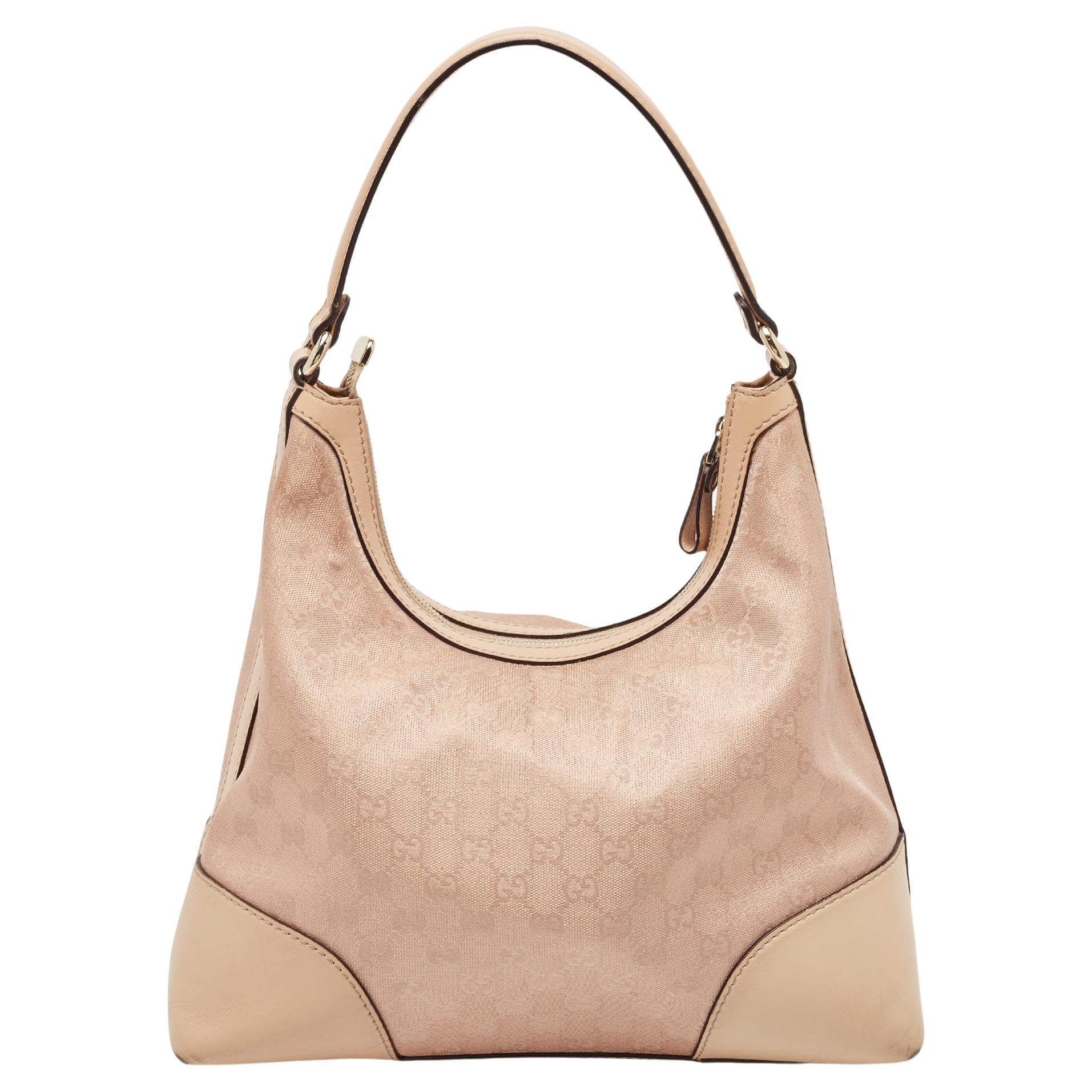 Gucci Beige/Metallic Pink GG Canvas and Leather Medium Lovely Hobo For Sale