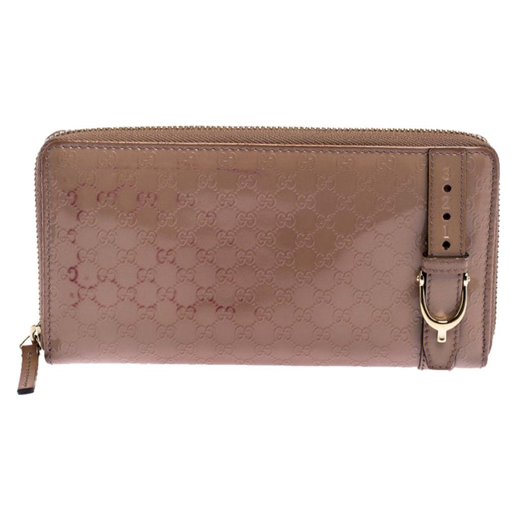 Gucci Beige Micro Guccissima Patent Leather Zip Around Wallet