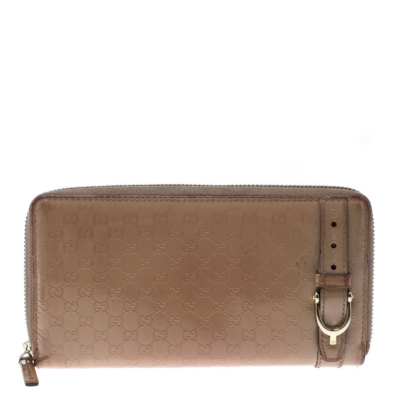 Gucci Beige Micro Guccissima Patent Leather Zip Around Wallet