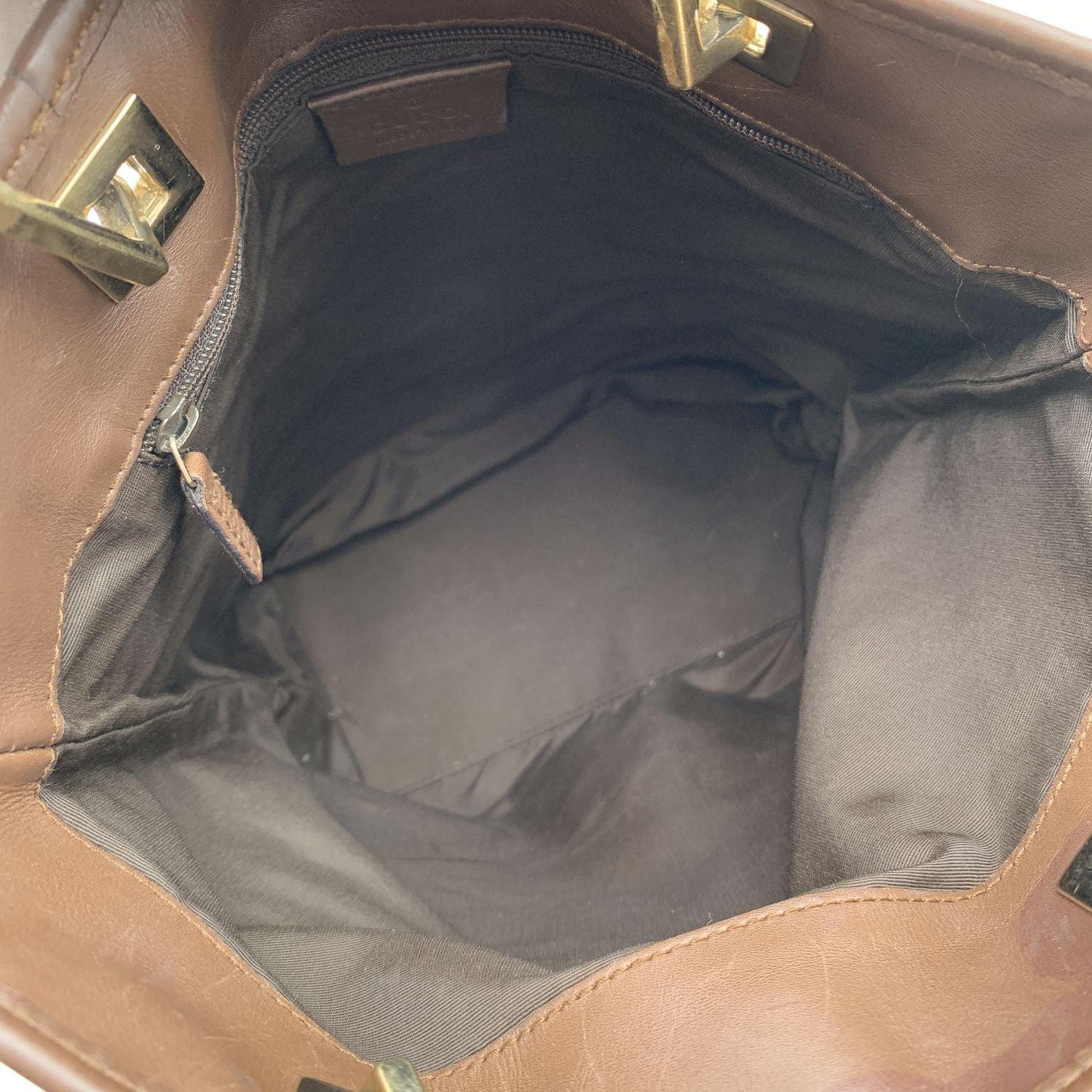 Gucci Beige Monogram Canvas Brown Leather SmallTote Handbag In Good Condition In Rome, Rome