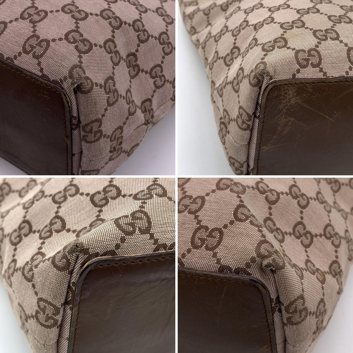 Gucci Beige Monogram Canvas Brown Leather SmallTote Handbag 2