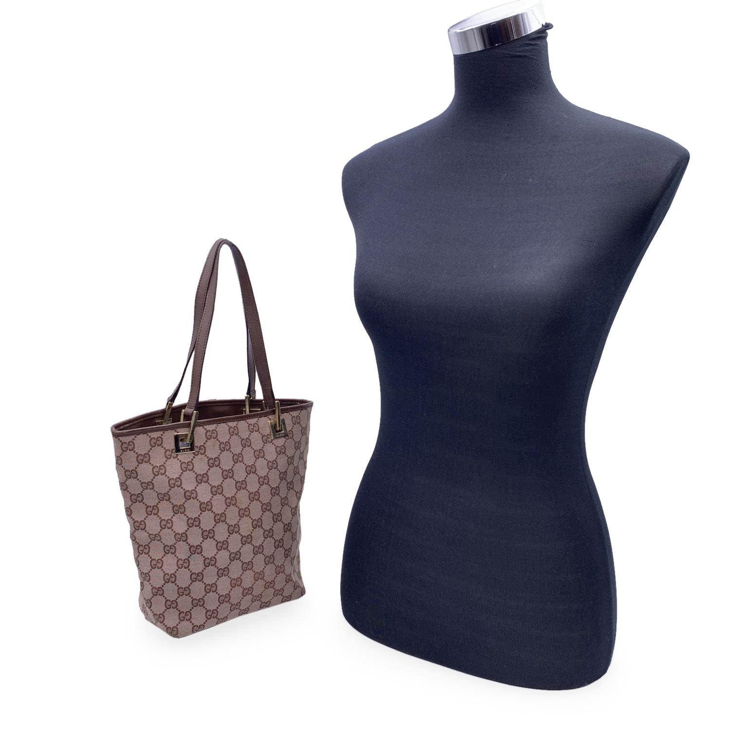 Gucci Beige Monogram Canvas Brown Leather SmallTote Handbag 3