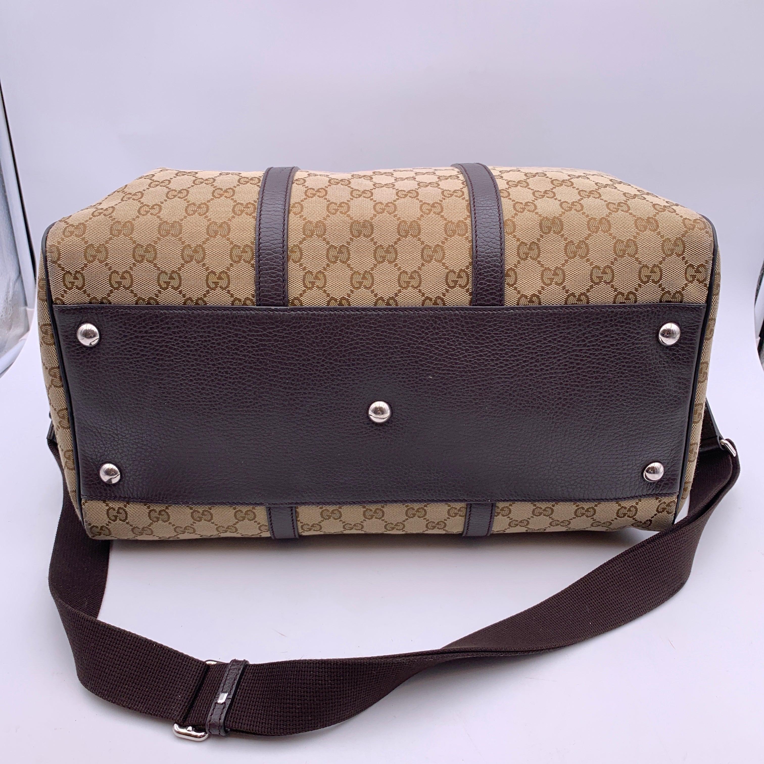 Gucci Beige Monogram Canvas Duffle Weekender Travel Bag with Strap For Sale 1