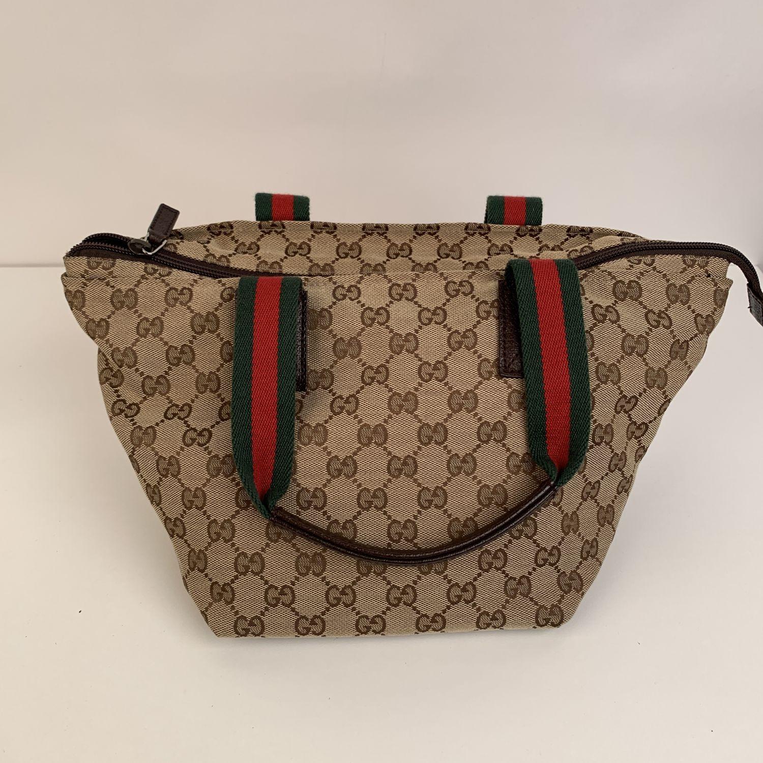 Gucci Beige Monogram Canvas Small Tote Bag with Web Handles In Excellent Condition In Rome, Rome
