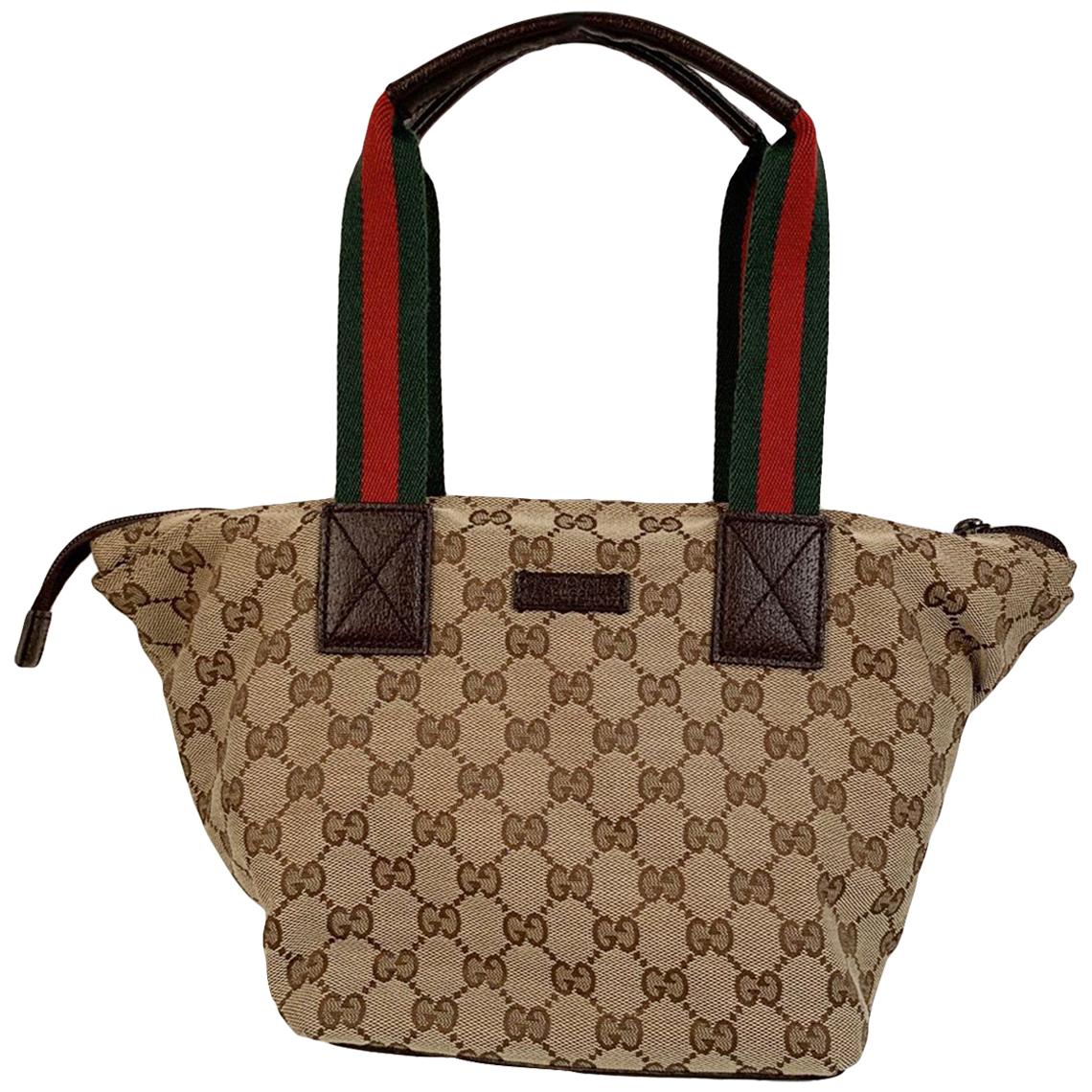 Gucci Beige Monogram Canvas Small Tote Bag with Web Handles