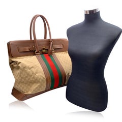 Gucci Beige Monogram Canvas Weekender Travel Bag with Stripes