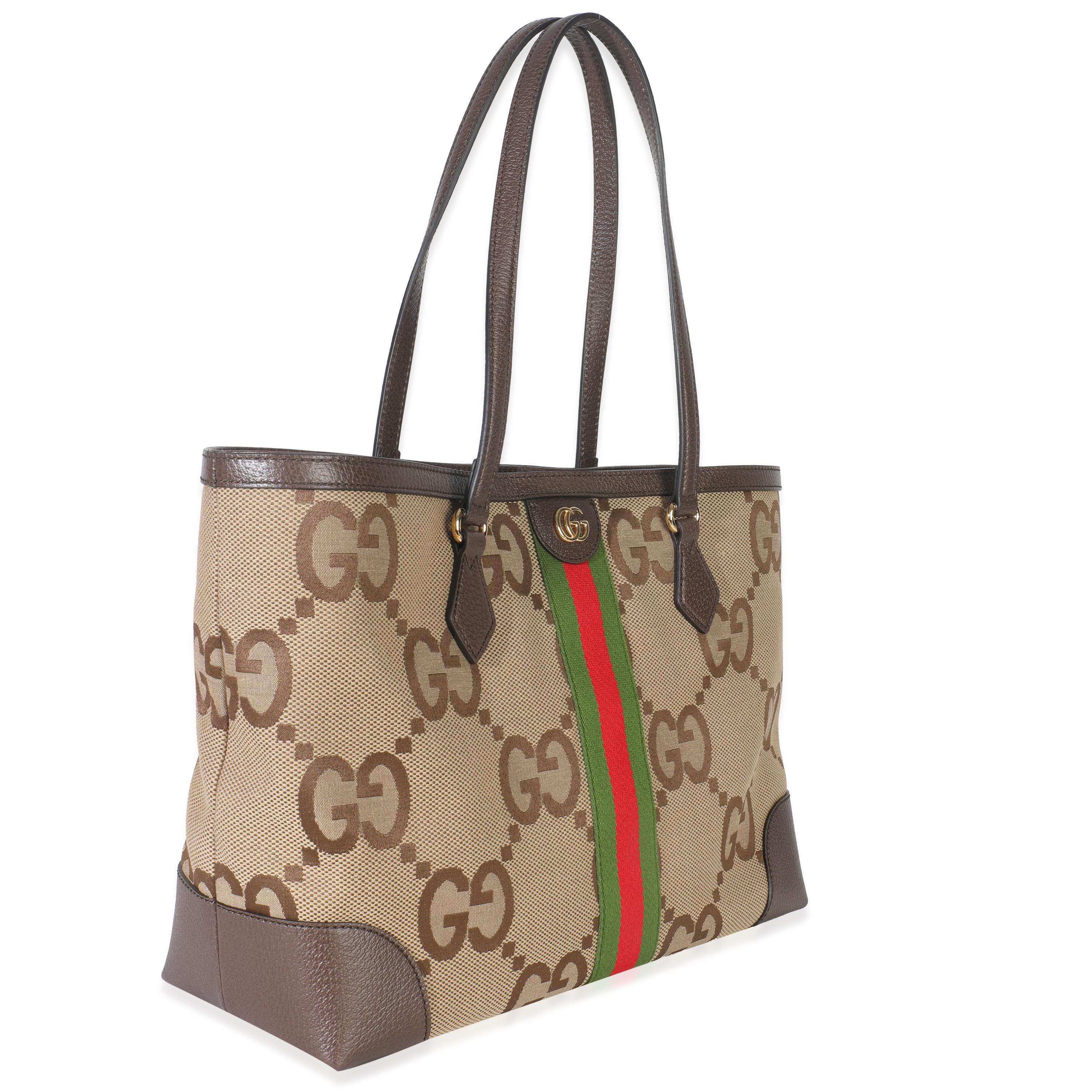 Gucci Beige Monogram Jumbo GG Textured Calfskin Web Medium Ophidia Shopping Tote Excellent état - En vente à New York, NY